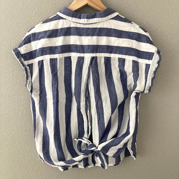 Lucky Brand Split Back Tie Knot Chunky Striped Blouse - Blue White - Medium - Picture 3 of 7